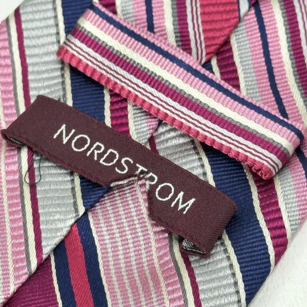 Nordstrom Tie Mens 58 in Silk Cranberry Red Gray Black Diagonal Striped Wide
